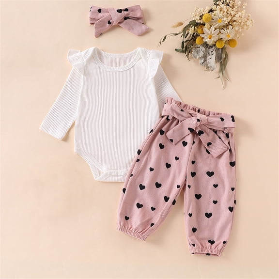 Newborn Infant Baby 3pc Clothes Ruffle Ribbed Long Sleeve Romper Bodysuit Pants Headbands Set with Belt Baby Outfits for Girl Pink 6-9 Months