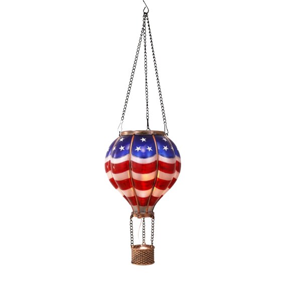 Memorial Day Hot Air Balloon Garden Decoration Solar Hanging Flickering Flame Outdoor Tree Garden Light Patriotic Decoration USA 4Th Of July Ornament Gift For Dad Garden Lamps