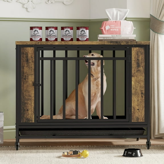 ZephyPaws Dog Crate Furniture for Medium Dogs,Dog House Dining Table with Iron Door and Tray for Medium/Small Dogs Indoors, Vintage Wooden Color