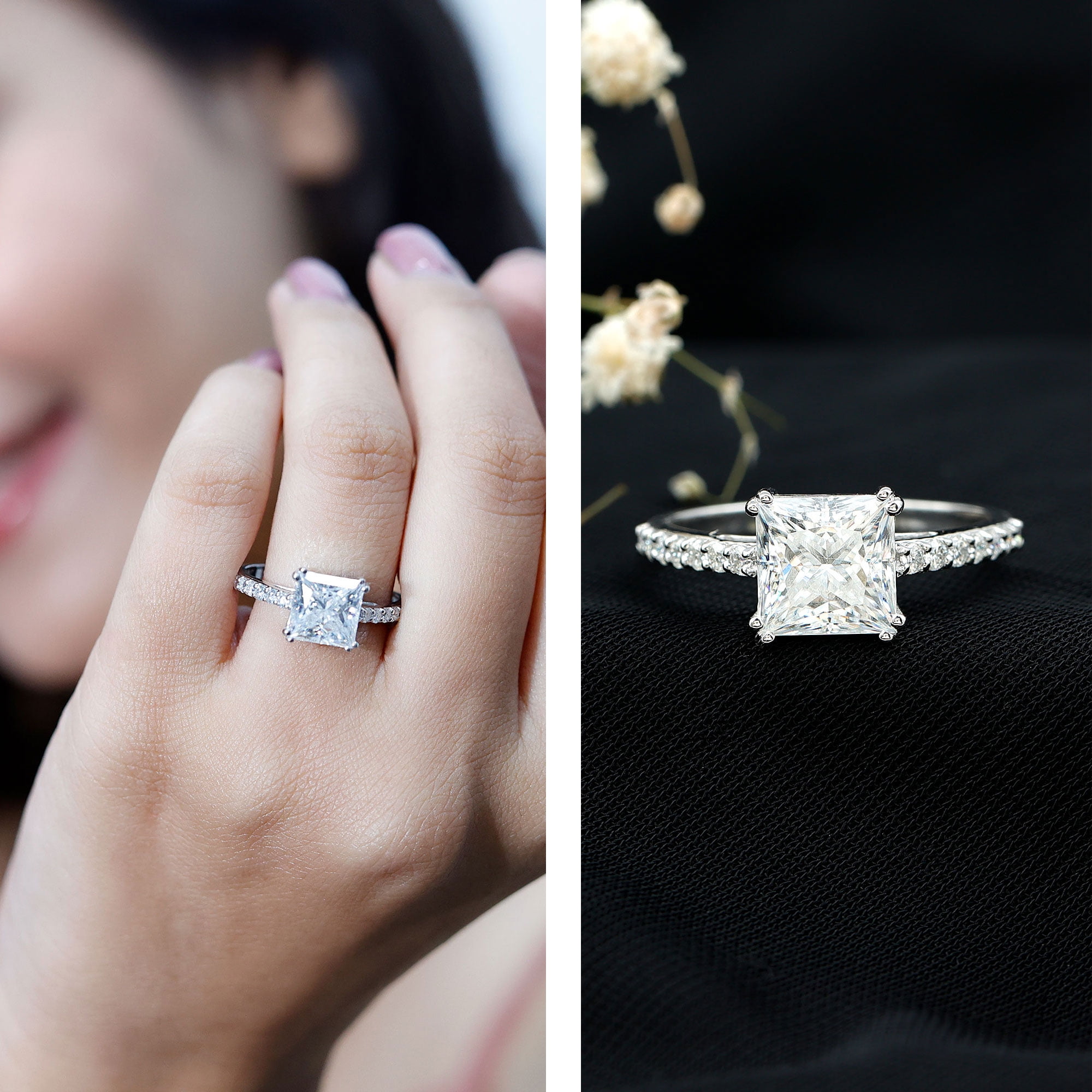 Rosec Jewels Moissanite Solitaire Engagement Ring for Women (8 mm Princess Cut Moissanite, 3 Ct, D-VS1 Grade), 14K White Gold, US 8.50