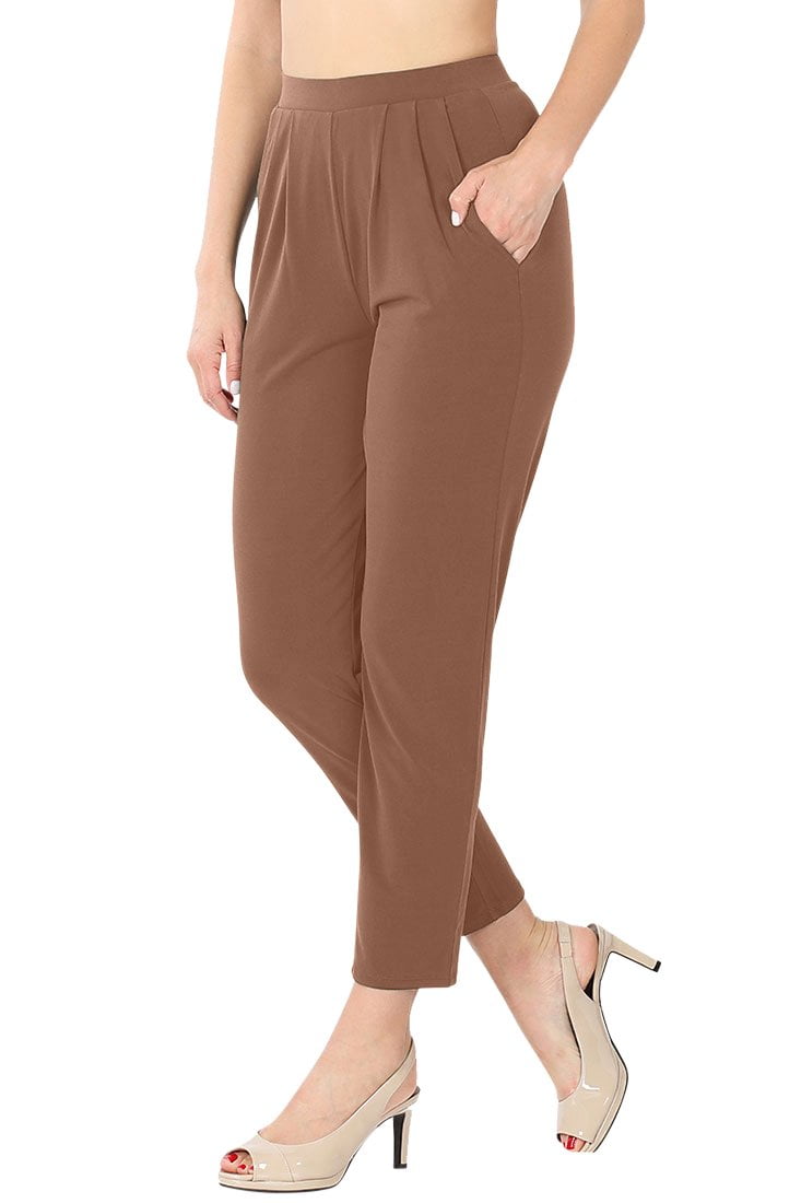 Womens Pleated High Rise Elastic Waist Dress Pants w/ Pockets