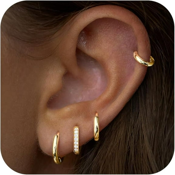 Small Gold Huggie Hoop Earrings Set for Women Men Hypoallergenic 14K Plated Stack Cartilage Earrings, Multiple Piercing Lightweight Mini Thin Cute Dainty Trendy Gold-6/8/10/12mm
