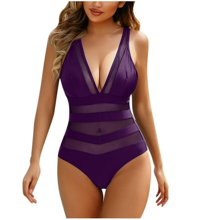 Virmaxy Women s Solid Color One-piece Swimsuit Sexy Backless Strappy Tankini Camisole Waist Cinching Swimwear With Bra Padded for Pool Party Vacation Purple-4 XXL