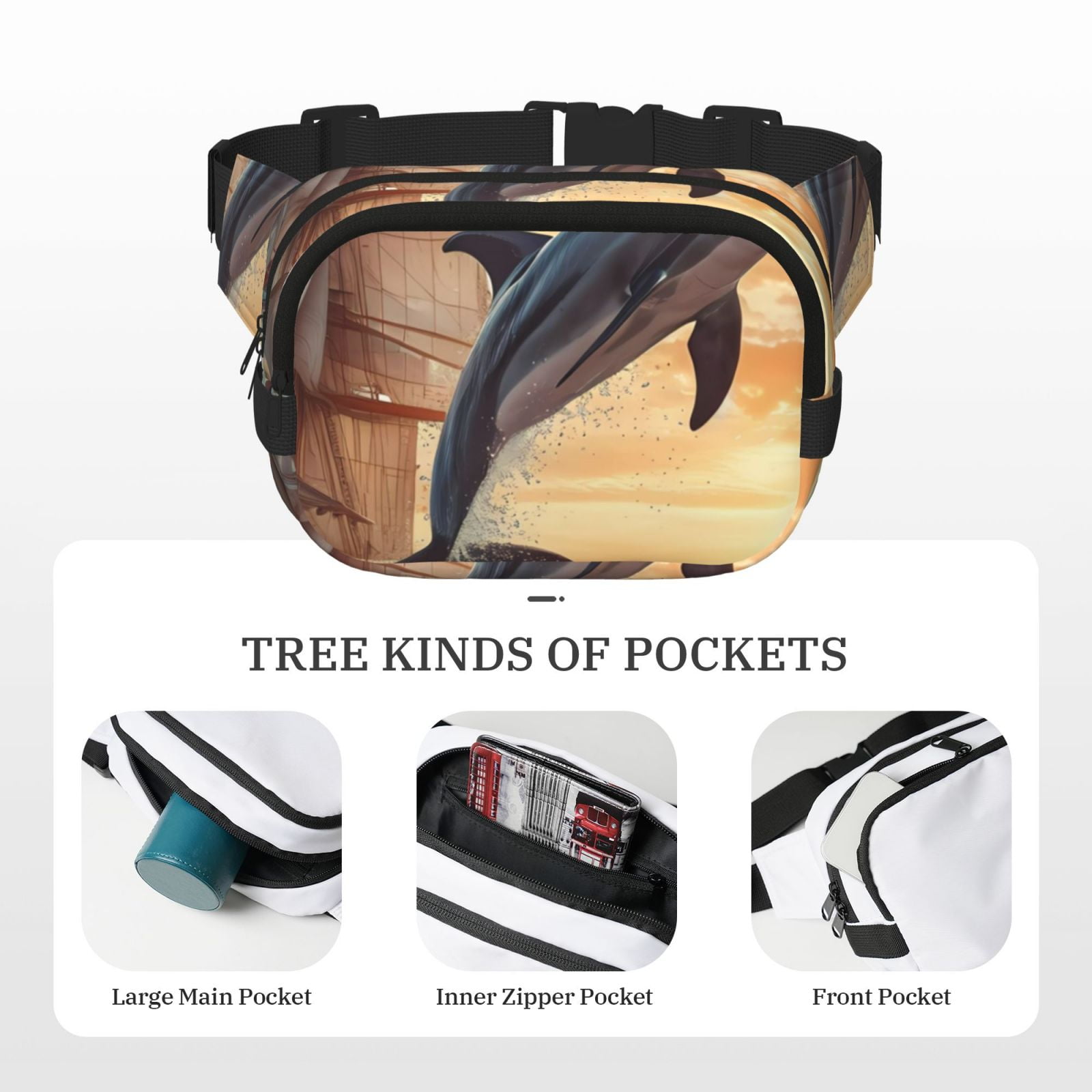 Picia Sailing Dancing Dolphin Print Square Double-Layer Waist Bag Mini Adjustable Waist Belt Bag Exercise Running Travel Hiking