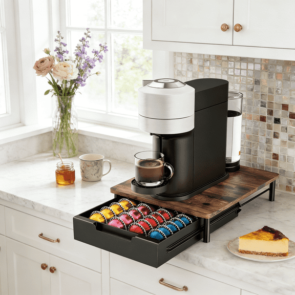 Everie Slide-Out Coffee Pod Drawer Compatible with Nespresso Vertuo, Rustic Brown Wood Top, Holds 40 to 52 Capsules, 12x 15.6x 3.5 Inch