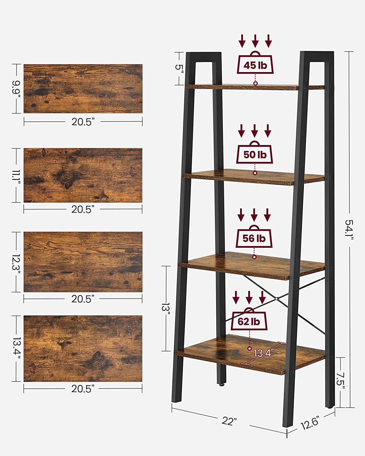 VASAGLE 4-Tier Ladder Shelf, Rustic Brown and Black photo 2
