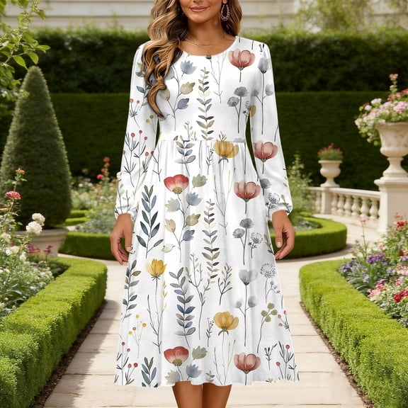 Vetsdori Womens Party Midi Dresses Crew Neck Long Sleeve Dresses Sundress Gowns Muumuu Solid Color Dress for Ladies