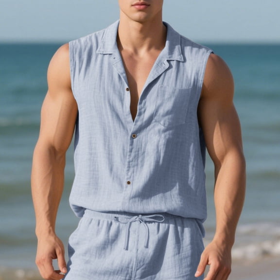 Blczomt Mens Big and Tall Tank Tops Casual Summer Sleeveless Linen Shirt Lapel Blue Plain Button Up T Shirts