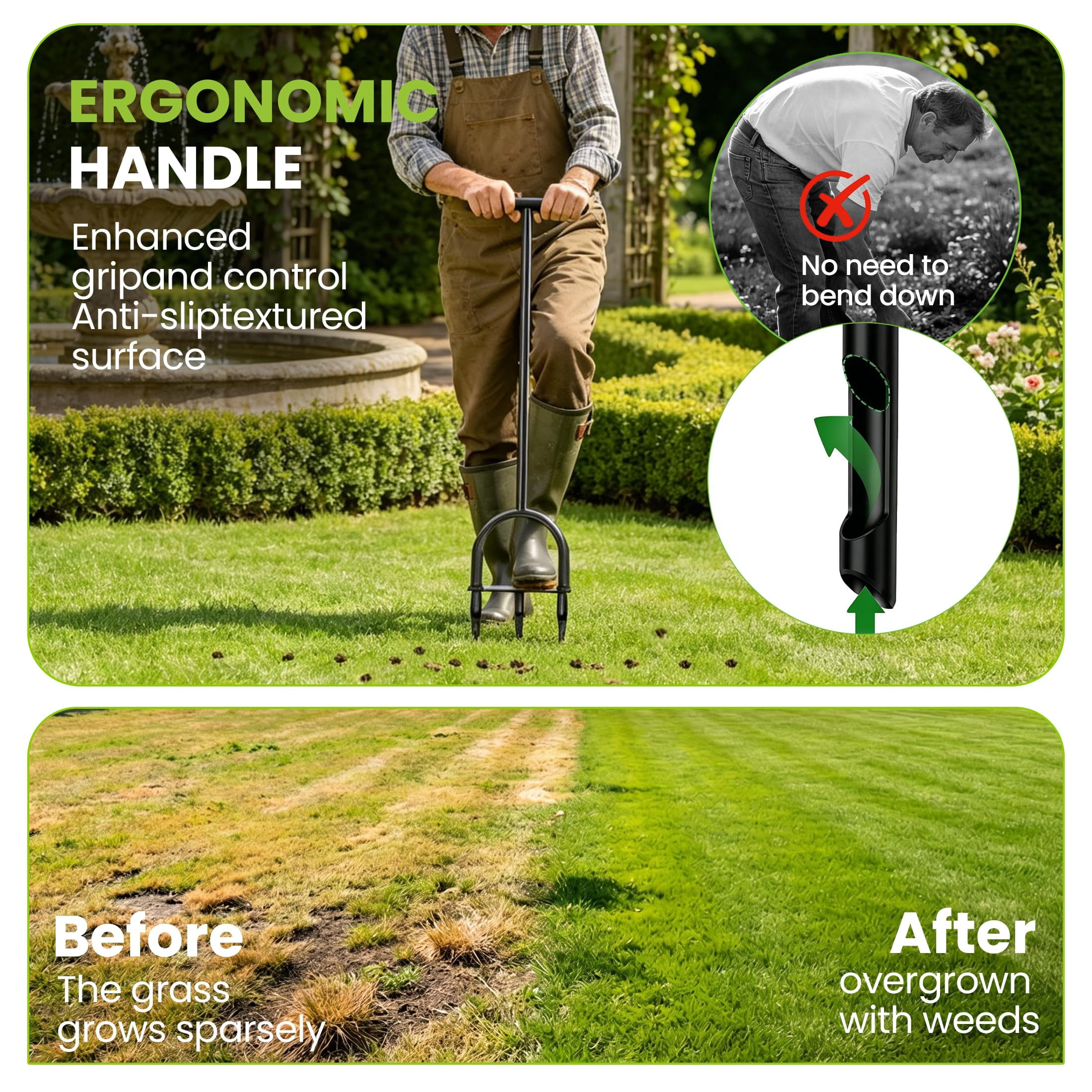 Manual Lawn Core Aerator Tool - Heavy Duty Hand Soil With 3 Hollow Tines  Pre-assembled & Garden Plug Remover For Grass Growth Improvem