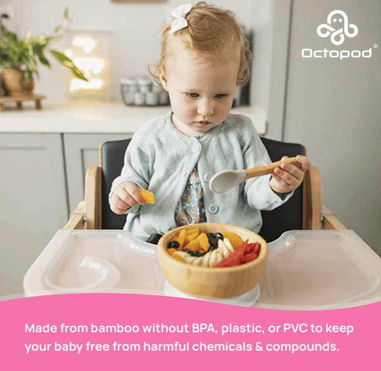 Abiie Octopod Bamboo Suction Bowl -  Baby Bowl with Suction for 4 months and up, High-Chair Bamboo Baby Plate, Mess-Free Toddler Suction Plates, Ergonomic Baby Feeding Supplies - (Grey)