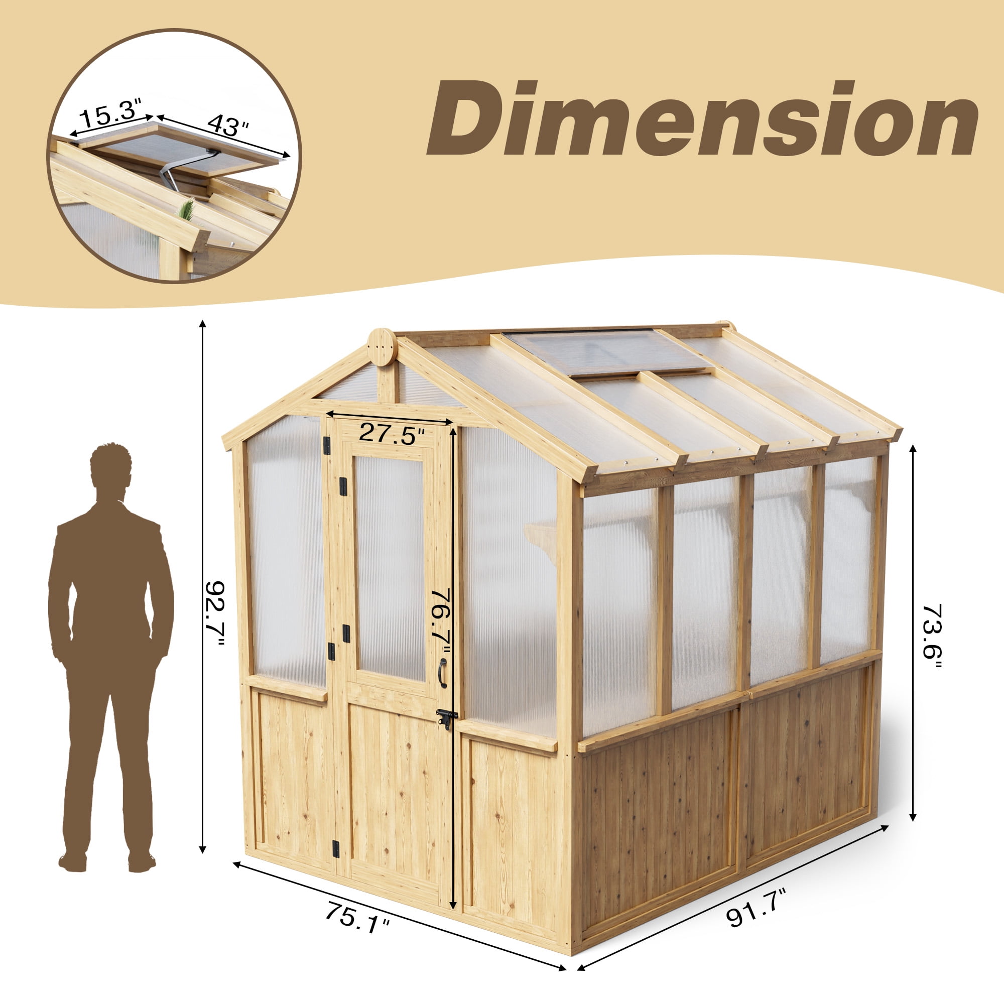 MeetLeisure 6.8 x 7.8 ft Solid Wood and Polycarbonate Walk-In Greenhouse, Spruce Wood Framed Hobby Greenhouse with Roof Vent, Horticultural Greenhouse with Automatic Vent Window, Natural