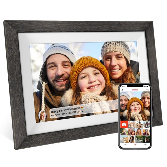 Frameo Marco de fotos digital de 10.1 pulgadas, WiFi Smart Digital Photo Frame Madera IPS HD 1280 x 800 1080P visualización táctil de rotación automática, fácil configuración para usar Compartir fotos