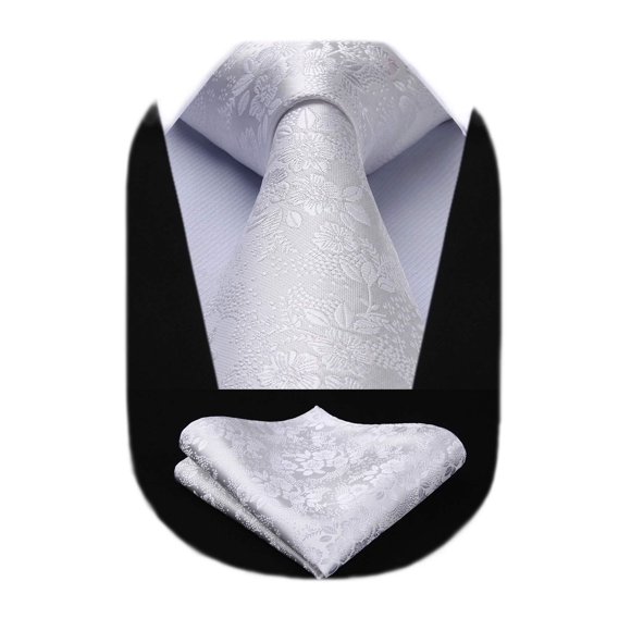 HISDERN Men Solid White Floral Ties Woven Classic 3.4" Necktie Set Formal tie Pocket Suqare for Wedding Business with Handkerchief Gift Box