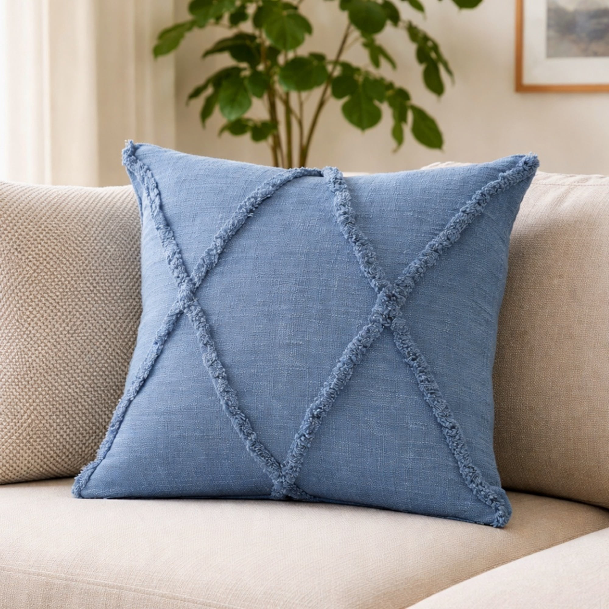 Ox Bay Sara 18" x 18" Coronet Blue Shag Diamond Cotton Adult Decorative Throw Pillow Cover