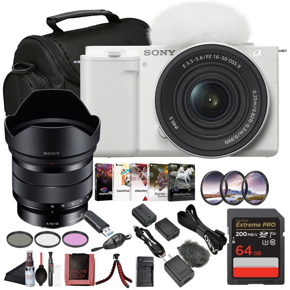 Sony ZV-E10 Mirrorless Camera White with 16-50mm Power Zoom Lens (ILCZV-E10L) – 24.2 MP APS-C Sensor, 4K Video, Vari-Angle Screen w/ Sony E 10-18mm Lens, 64GB Card, NPF-W50 Battery and More