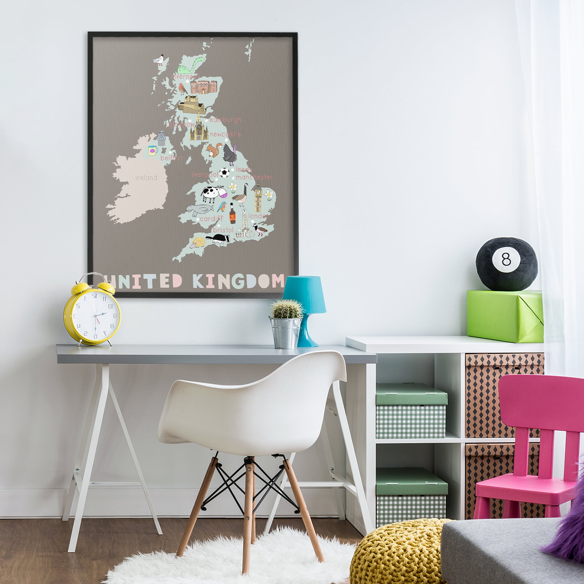 Kid's Map of United Kingdom Black Framed Giclee Art, design by Carla Daly
