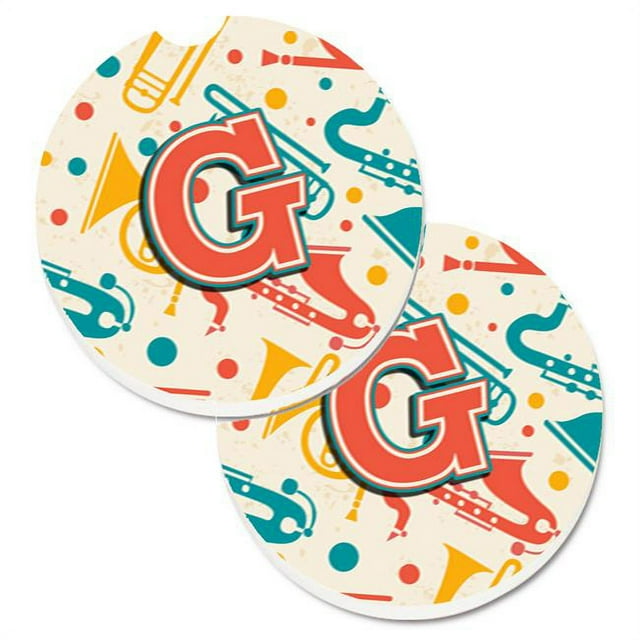 Carolines Treasures CJ2001-GCARC Lettre G Rétro Turquoise Orange Instruments de Musique Initial Ensemble de 2 Tasse Titulaire Voiture Coaster