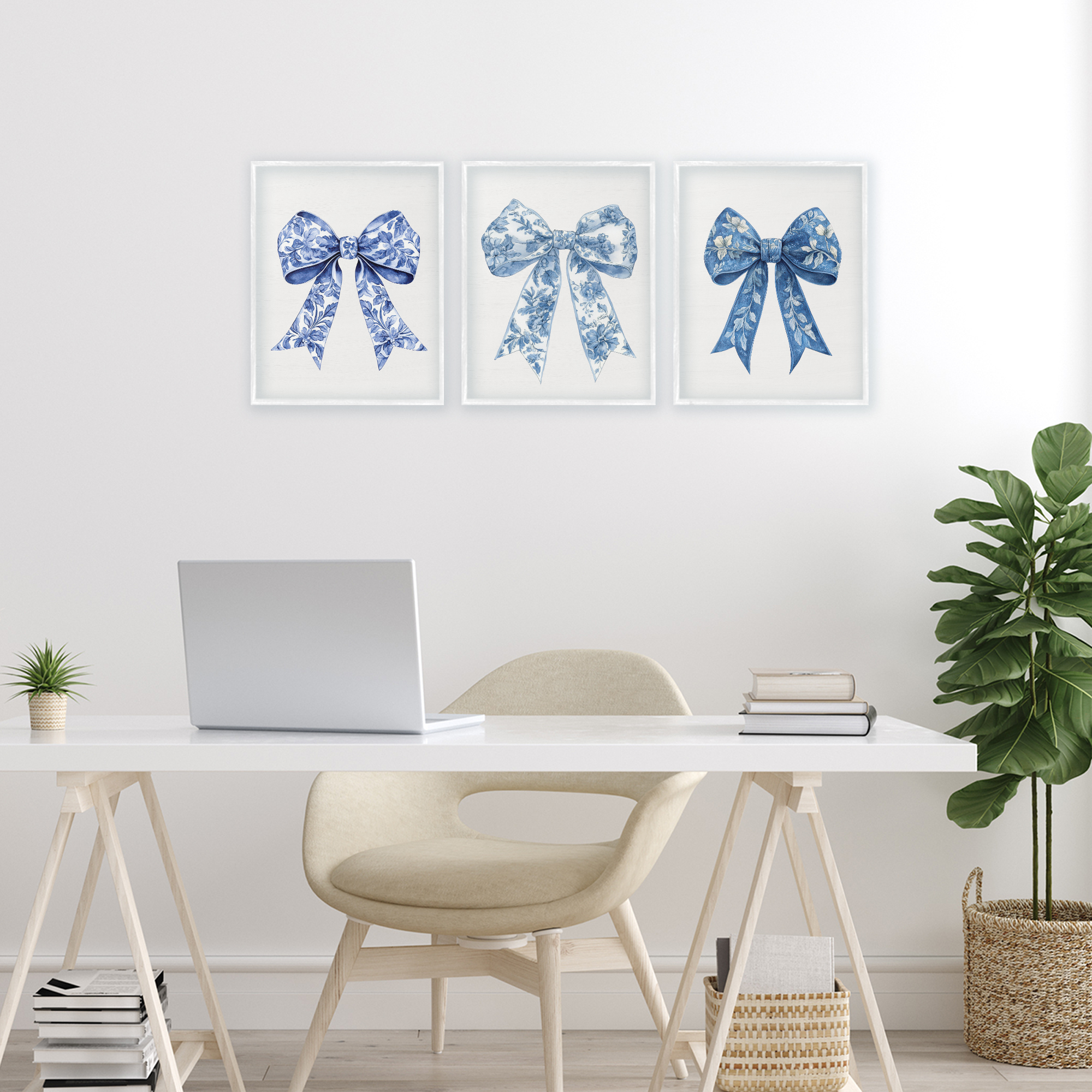 Vintage Toile Pattern Bows 3 Piece White Framed Giclee Art Set, design by Lettered and Lined