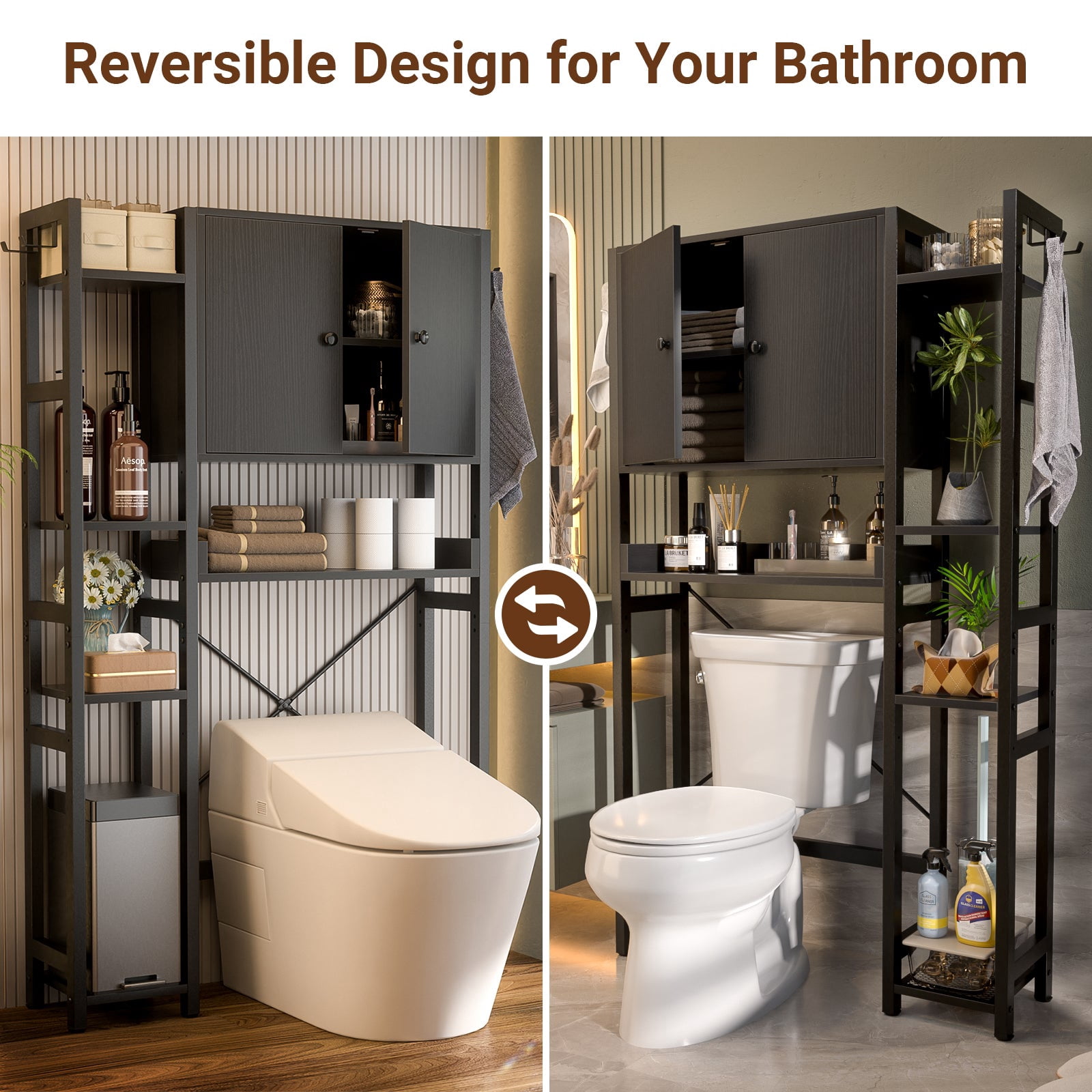 Over The Toilet Storage Cabinet with Doors, Homieasy 7 Tier Bathroom Organizer with Adjustable Shelf and 4 Hooks, Space Saving Rack for Bathroom, Restroom, Laundry
