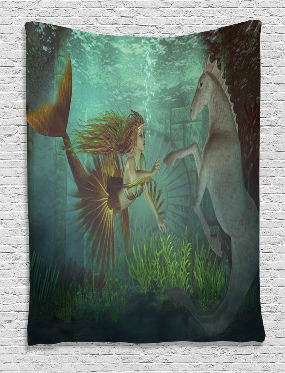Mermaid Tapestry Mermaid Meets Seahorse Underwater World Fantasy Magical Fairytale Design Wall Hanging For Bedroom Living Room Dorm Decor Aqua