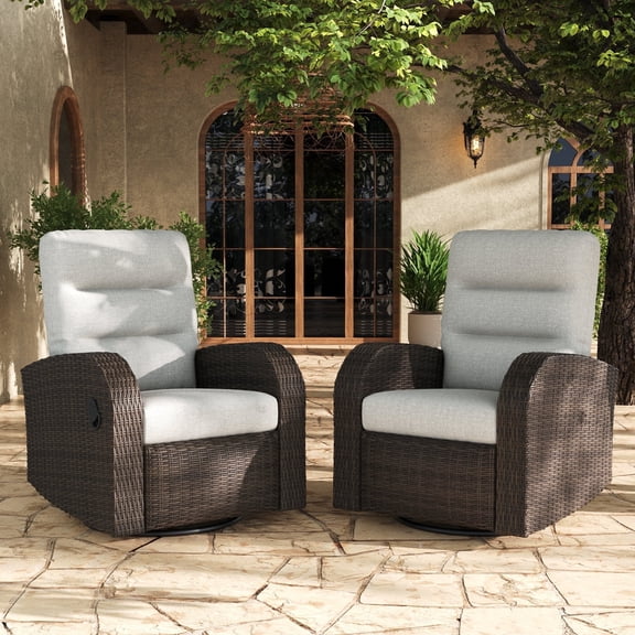 LayinSun Oversized Wicker Outdoor Swivel Glider Recliner with Adjustable Backrest & Footrest, Patio Reclining Lounge Chair - Set of 2