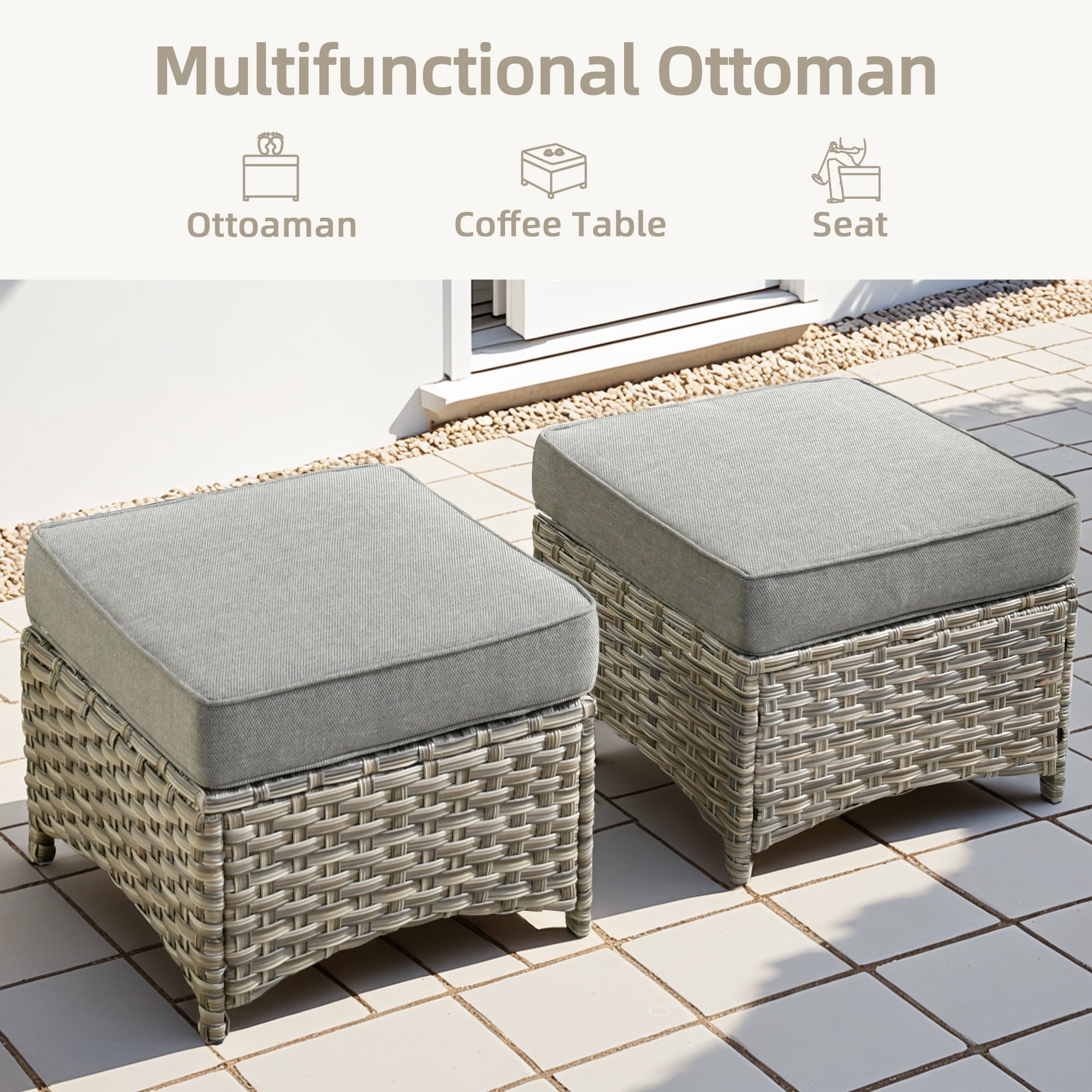 Ovios 8-Piece Outdoor Patio Furniture Set with Solar-Powered Lighted Coffee Table All-Weather Wicker Conversation Seating with Ottomans, Dark Gray