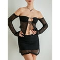 thumbnail image 3 of Yunliwuli Women Spring 2 Pieces Outfits Geometry Pattern Boat Neck Off Shoulder Tie-Up Crop Tops Elastic Waist Mini Skirts Set, 3 of 10