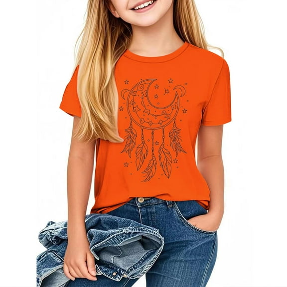 Girls Boys Orange Short Sleeve T Shirts Kids Round Neck Funny Girls Tshirts Teenage Comfy Summer Casual Sports Loose School Tunic Tops 3-14 Years Orange A 9-10 Years