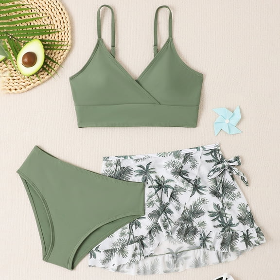 Bjutir Summer Girls Swimsuit Size 12-13 Years 3 Piece Bathing Suit Cute Floral Print Bikini Set With Skirt Kids Swimwear Toddler Girl Swimwear Green