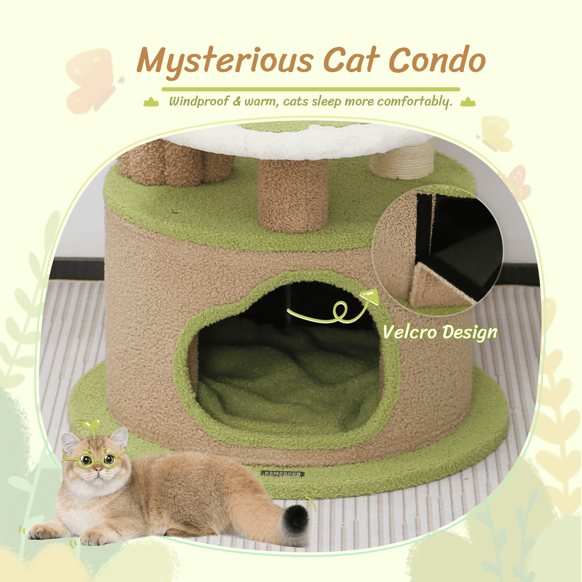 LHBCraft 42.5" Green Cat Tree with Aesthetic,Teddy Fleece, Velcro Cat Condo, Unique Cat Furniture for Small Space