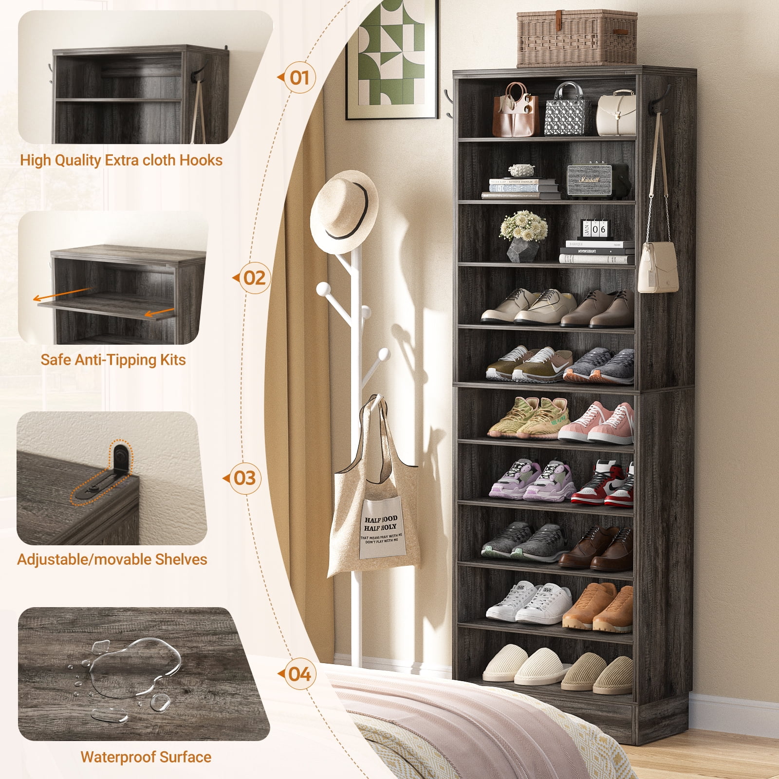 Homieasy Tall Shoe Cabinet, 10 Tiers Narrow Wood Shoe Rack, Shoe Storage Organizer with Open Storage, Vertical Shoe Shelf Tower for 20-22 Pairs, Space Saving, for Closet, Entryway, Bedroom, Black Oak