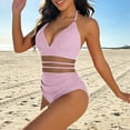 thumbnail image 4 of Kctiaxy Womens Bathing Suits Solid Color Halterneck Lace Bathing Suits Padded Backless Cut Out Off-Shoulder One Piece Bikini Swimsuit, 4 of 5