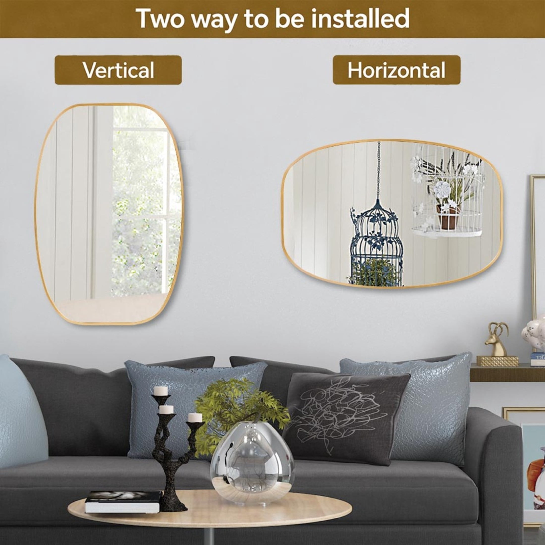 Noble House 20"x30" Unique Metal Framed Oval Wall Mirror, Modern Oblong Vanity Mirror for Bathroom & Entryway, Gold
