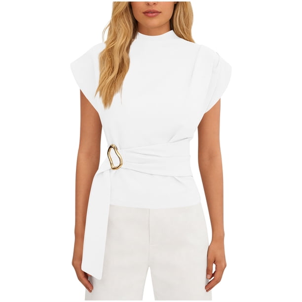 Camisas de Manga Corta para las Mujeres Casual V-Cuello Plegado Vendaje Suéter Blusa, Ligero Top de Verano