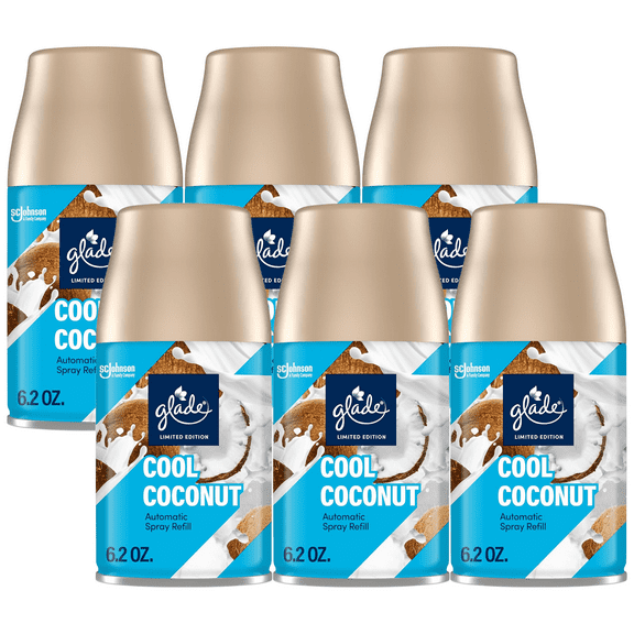 Glade Automatic Spray Refill, Cool Coconut, Scented Air Freshener for Home and Bathroom, 6.2 Oz, 6 Pack