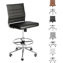 Drafting Chair Tall Office Chair Ribbed - Mid-Back PU Leather Standing Desk Stool with Adjustable Foot Ring Wide Seat Tilt-Tension Rocker Lumbar Support Swivel Rolling 400lbs, Black