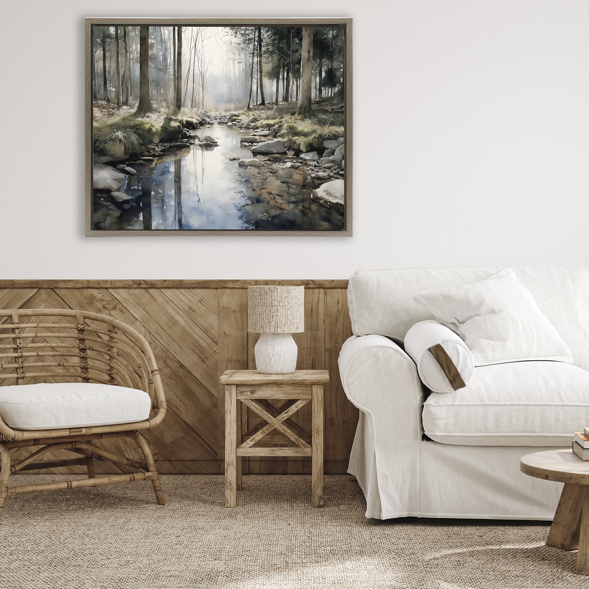 Stupell Industries Rock Creek in Morning Mist Brown Framed Floater Canvas Wall Art, design by Franklyn Gregory