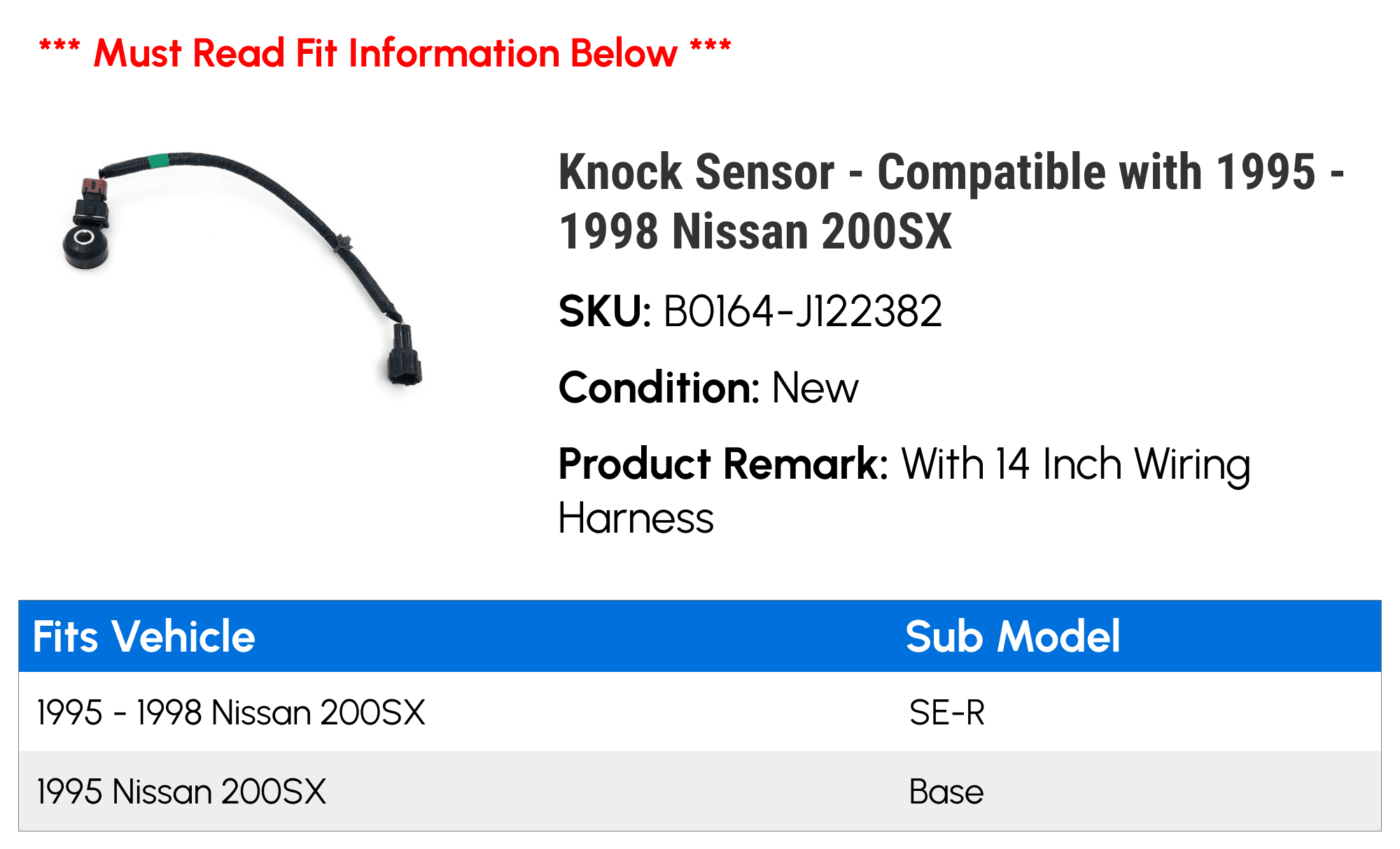Knock Sensor - Compatible with 1995 - 1998 Nissan 200SX 1996 1997