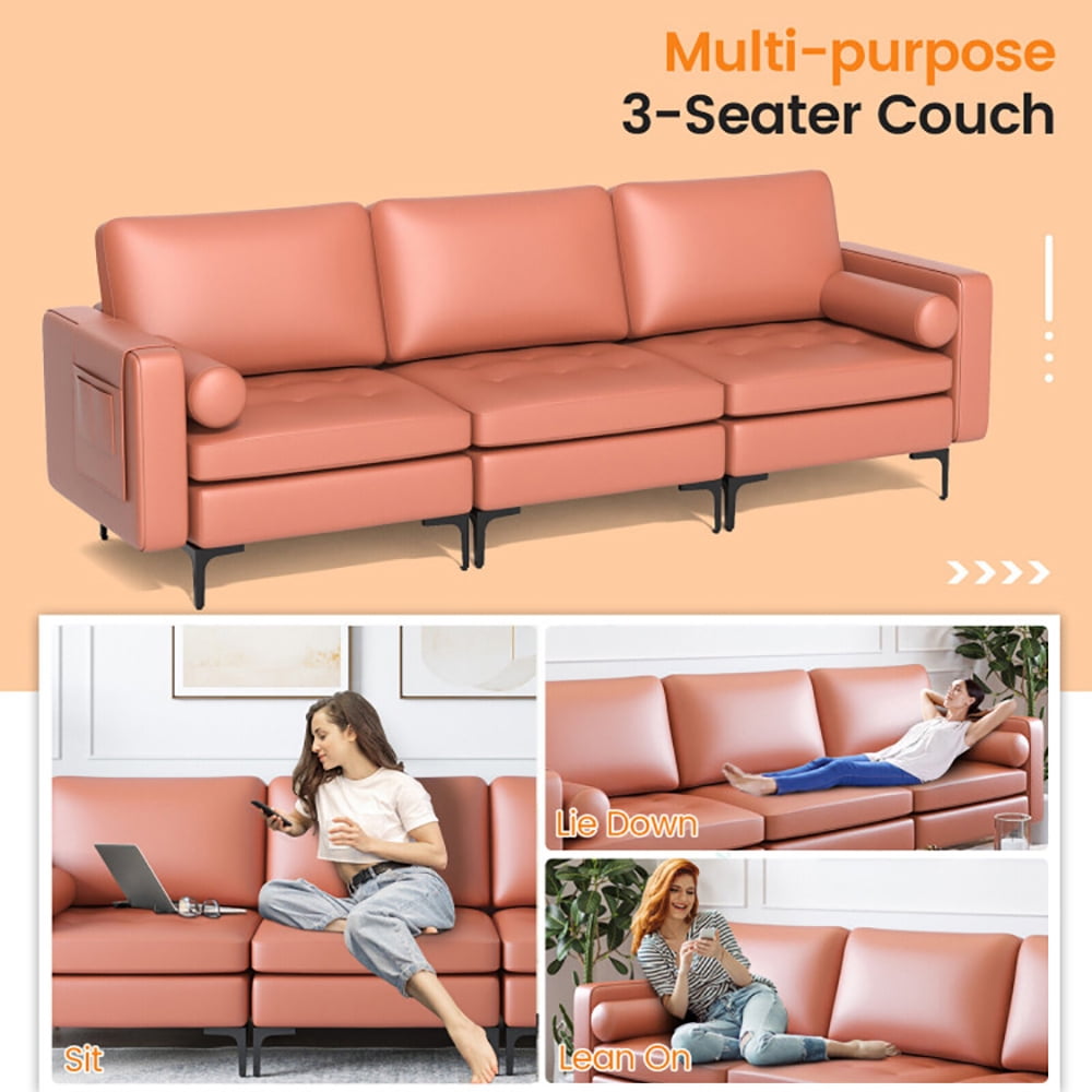 Finihen Sectional Sofa Couch, 3-Seat Sofa Sectional with Side Storage Pocket and Metal Leg, for Living Room, Bedroom, Pink Finihen Sectional Sofa Couch, 3-Seat Sofa Sectional with Side Storage Pocket and Metal Leg, for Living Room, Bedroom, Pink