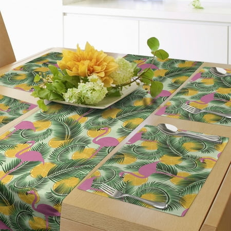 

Hawaiian Table Runner & Placemats Summer Theme Depiction of Flamingos Palm Leaves and Orange Slices Set for Dining Table Placemat 4 pcs + Runner 12 x72 Pale Green and Multicolor by Ambesonne