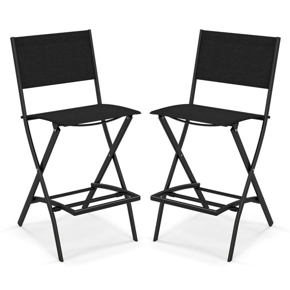 Gymax Folding Bar Stools Set of 2 Patio Sling Chairs w/ Backrest Humanized Footrest Black