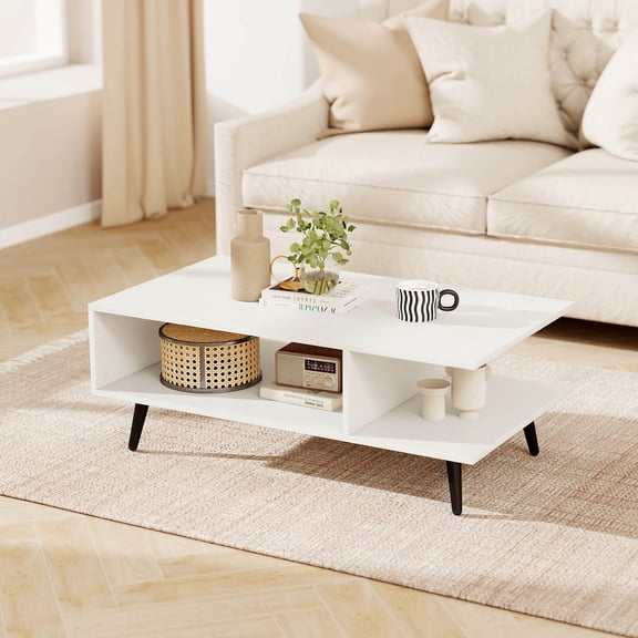 Costway 2-Tier Coffee Table with Compartments & Metal Legs Rectangle Tea Cocktail Table White & Black