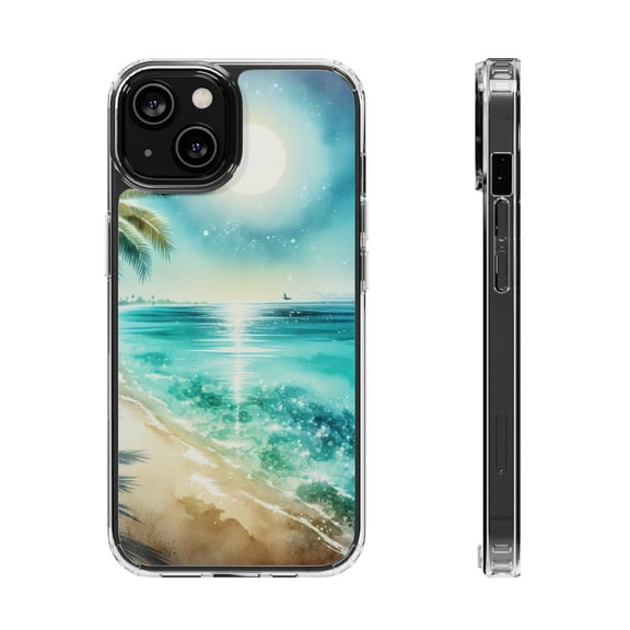 DistinctInk Hybrid (Acrylic / TPU) Clear Slim Fit Case for Apple iPhone 13 (6.1" Screen) - "Serene Beach Bliss: A Watercolor Oasis"