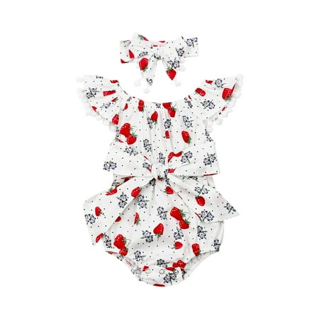 

Felcia Summer Newborn Baby Girls Romper Strawberry Floral Print Jumpsuit Headband