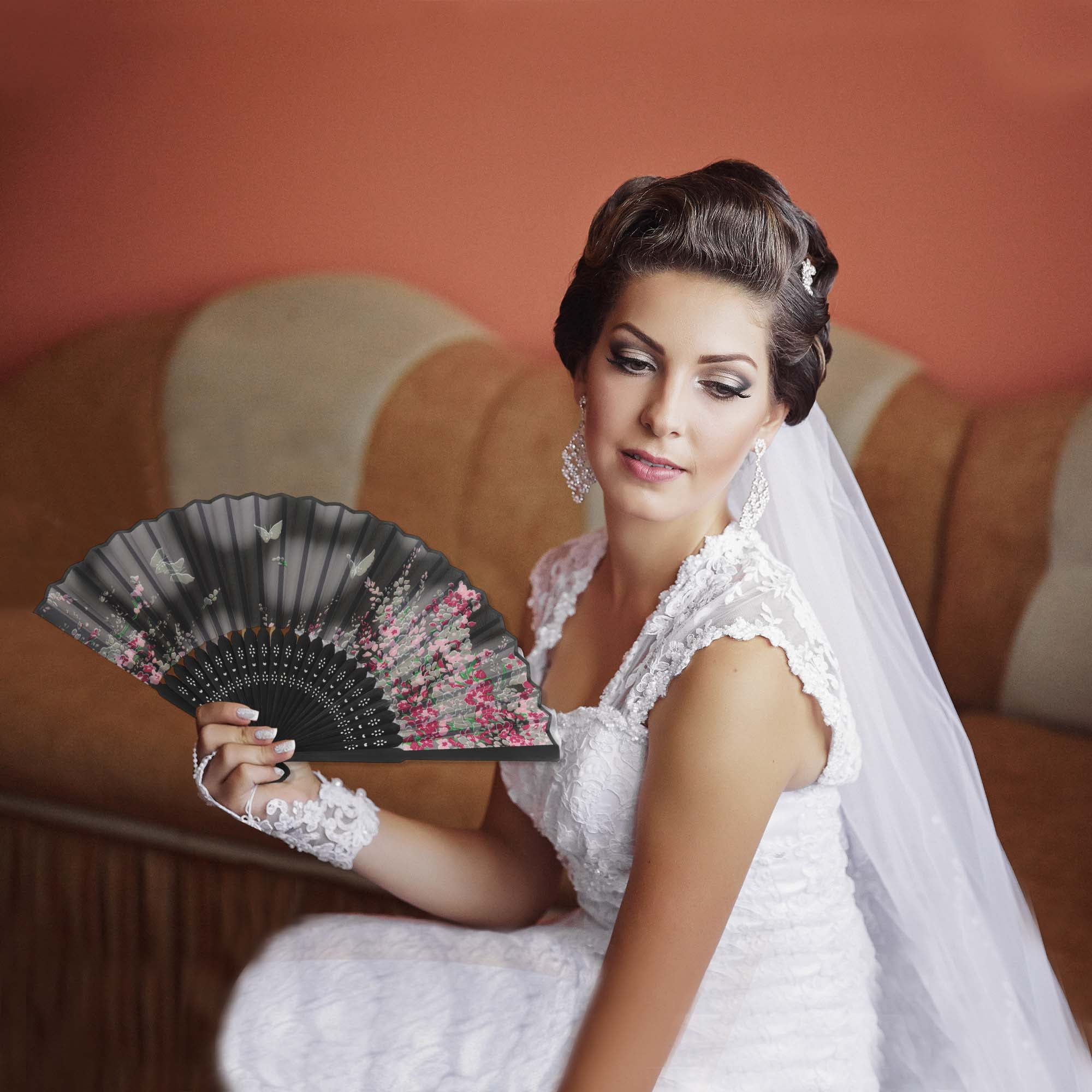 Unique Bargains Ancient Style Folding Fan Gray Black Dreamy Cherry Blossoms Butterflies