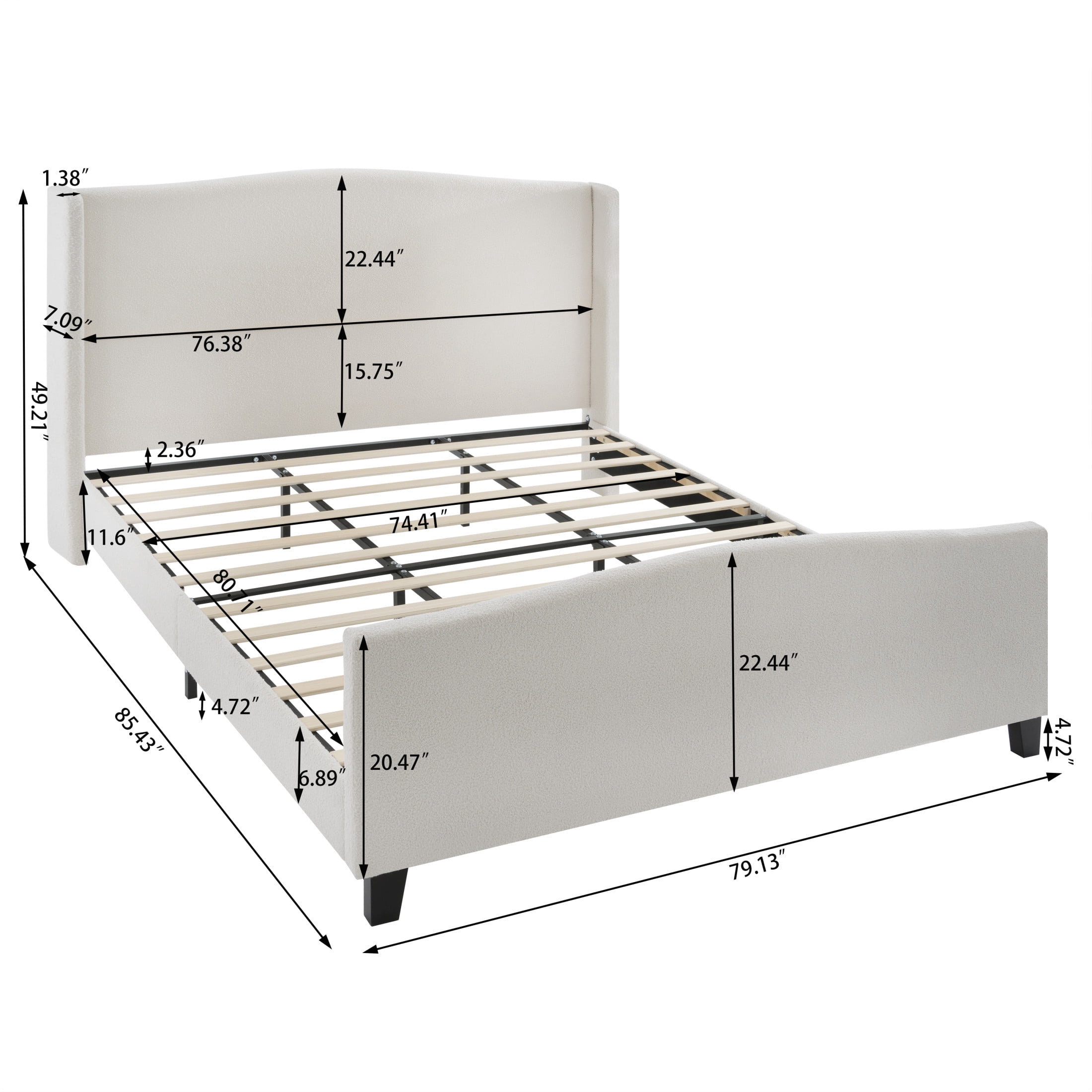 Noble House Diane king Size Upholstered Bed Frame, Teddy Velvet Headboard with Solid Wood Legs, Minimal Design, White