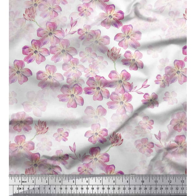 Soimoi White Rayon Fabric Poppy Anemone Floral Print Fabric by Yard 58 Inch Wide