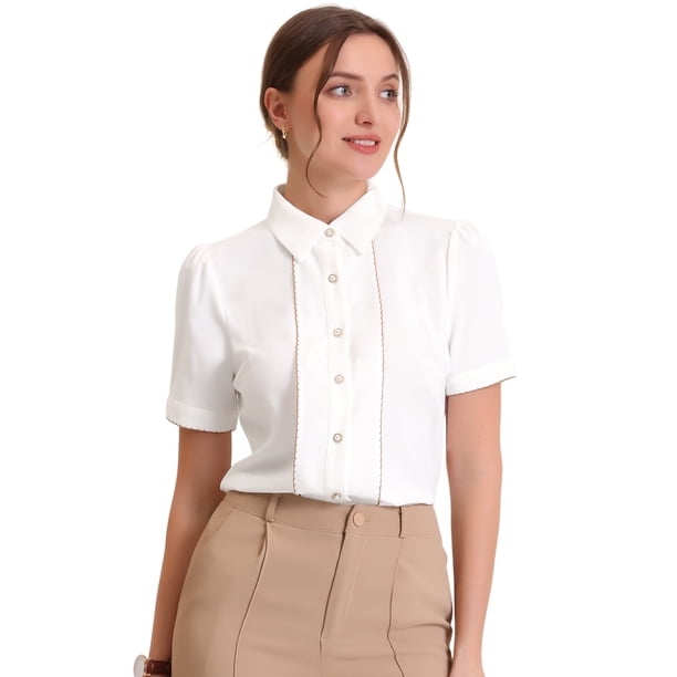 Camisa con botones para mujer 2023 Blusa de manga corta con ribete en contraste blanco L