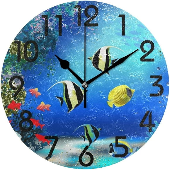 shiyou-3D Stylish Underwater World with Fish and Plants Print Round Wall Clock Decorative, 9.5 Inch Battery Operated Quartz Analog Quiet Desk Clock for Home,Office,School