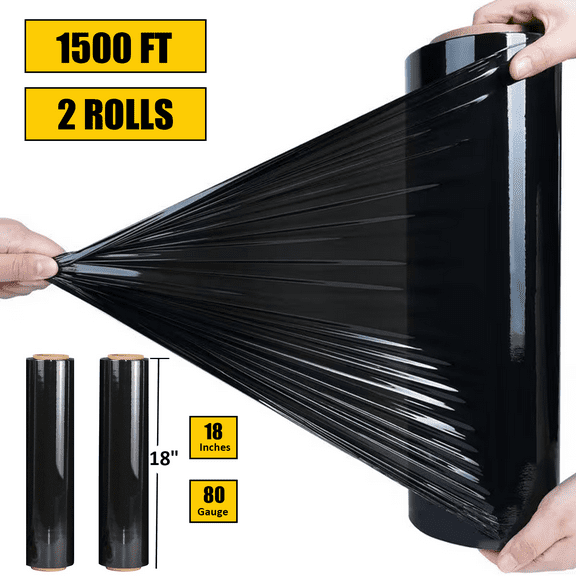 BESTONE Stretch Wrap, 1500 FT x 18" x 80 Gauge Heavy Duty Stretch Film, Plastic Shrink Wrap Pallet Wrap for Moving Shipping Packaging Packing Trucking, Black, 2 Roll